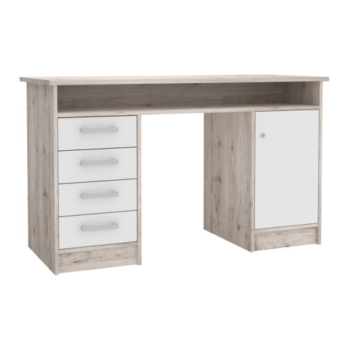 Biurko 125x55 cm z 4 szufladami i zamykaną szafką na klucz Biały/Dąb Piaskowy